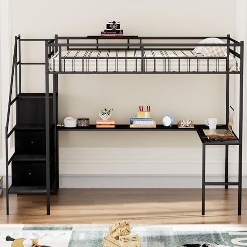 Black Full Size Loft Bed with L-Shaped Desk and Stairs X1305