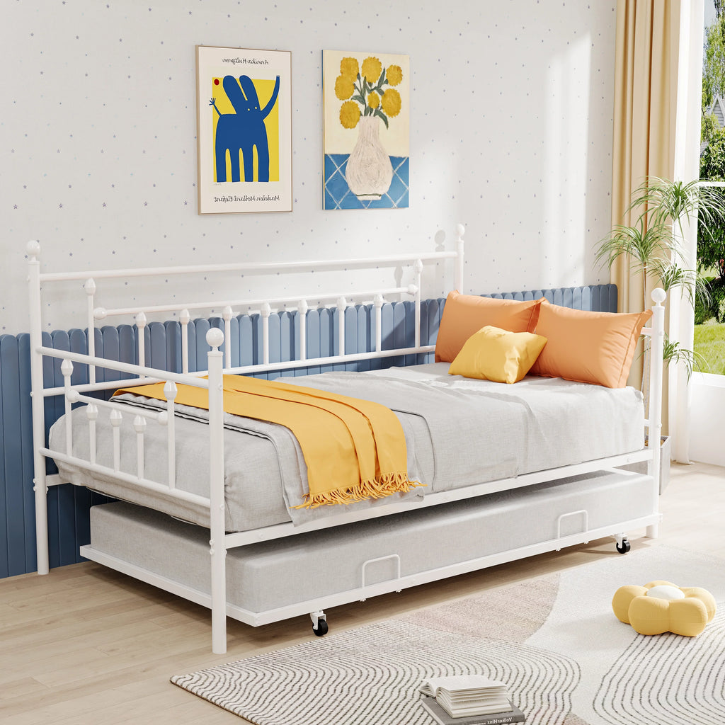 White Twin Size Metal Daybed with Trundle E2836