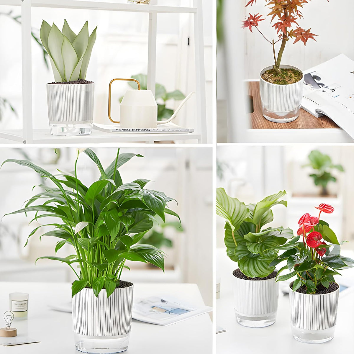 4 Pack Self Watering Pots, 4.3+5.5 Inch Planter Pot with Wick Rope and Reservoir V453