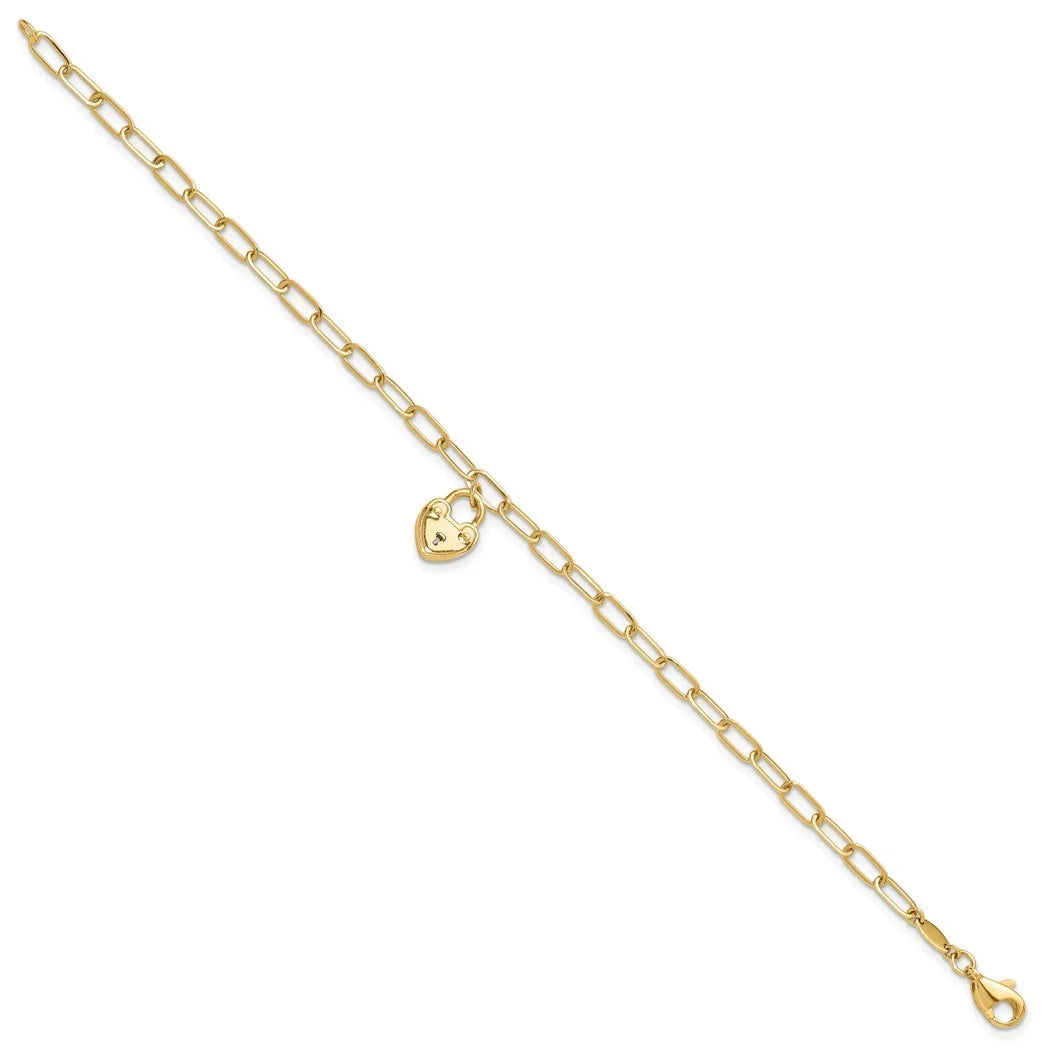 14k Gold Love Heart Lock Charm Pendant Necklace Paperclip Link Bracelet P83694