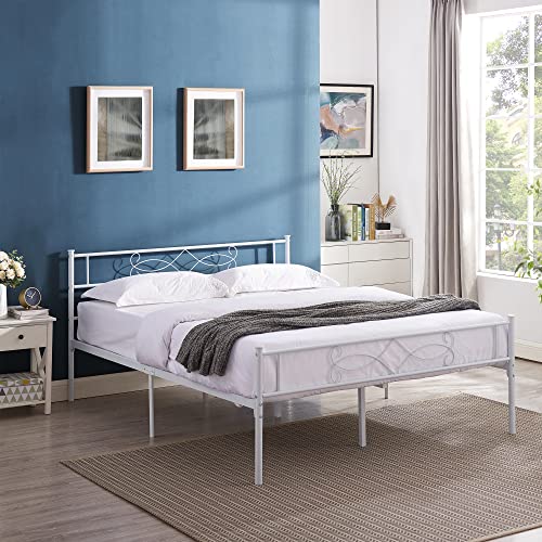 14" Full Size White Metal Platform Bed Frame with Headboard V286