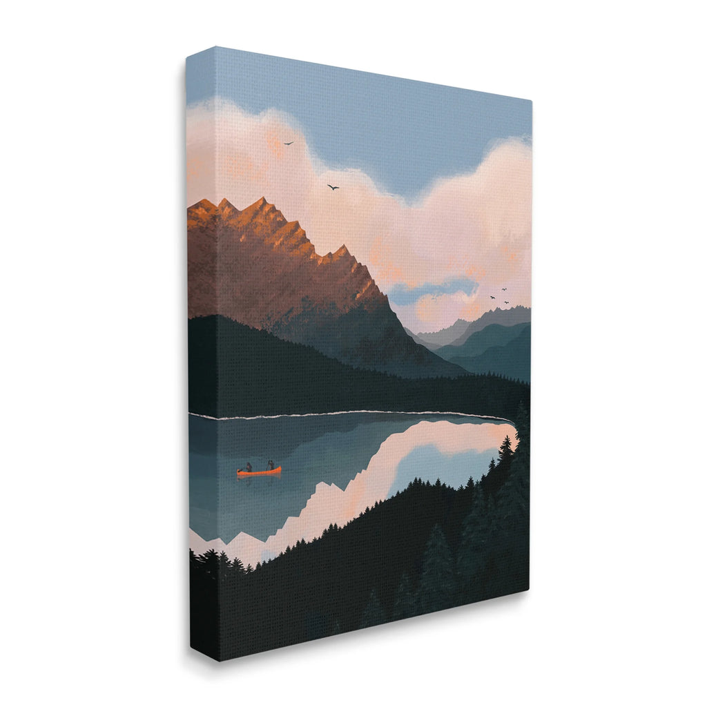 Mountain Range River Canoe Cloudy Wilderness Birds Canvas Wall Art, 24 x 30 C1010