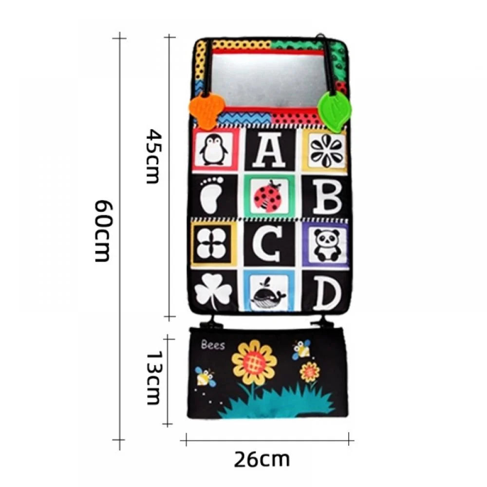 Tummy Time Floor Mirror with Crinkle Cloth Book and Teethers, High Contrast Black and White Baby Toys, Montessori Sensory Crawling Toy X423
