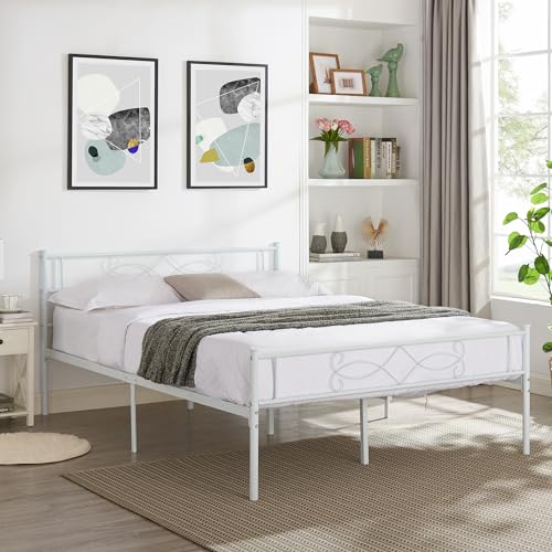 14" Full Size White Metal Platform Bed Frame with Headboard V286