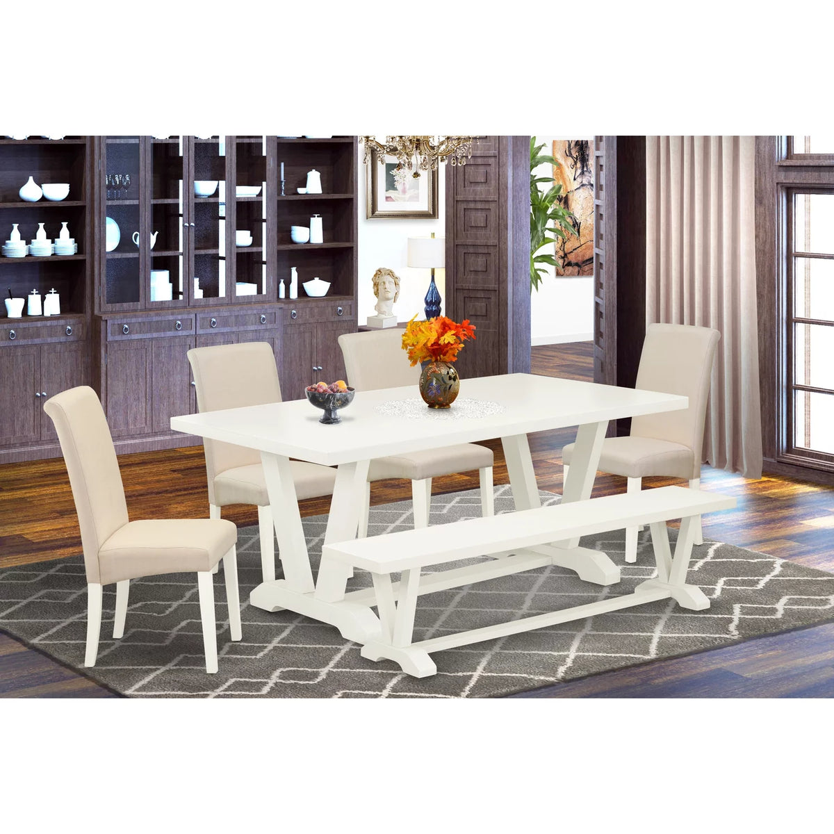 6 Pc Cream Linen Fabric Dining Set O922