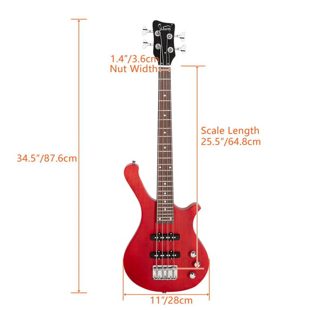 36in Small Scale Electric Bass Guitar with Mahogany Body Red Y612