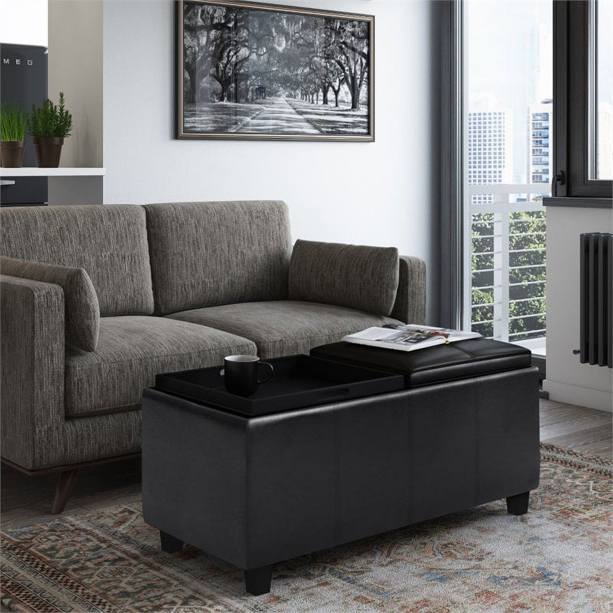 Midnight Black Faux Leather Storage Ottoman W516168