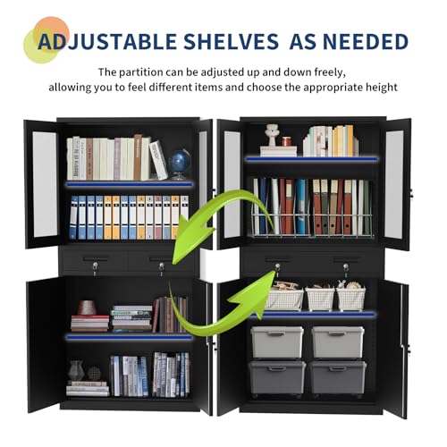 71 Inch Black Metal Storage Cabinet with Glass Doors P525