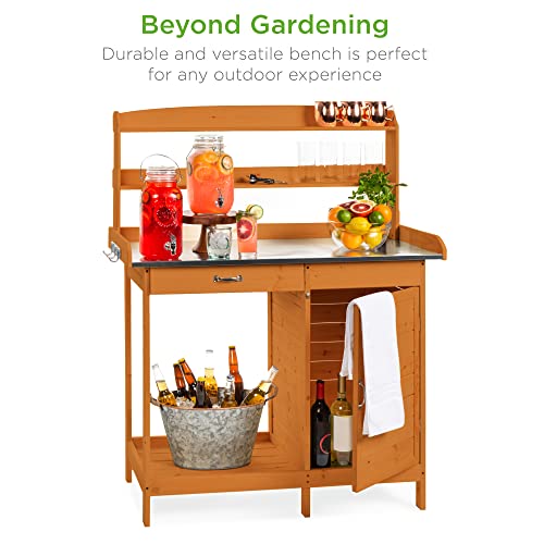 Wooden Potting Bench with Metal Table Top and Cabinet H398325
