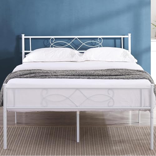 14" Full Size White Metal Platform Bed Frame with Headboard V286