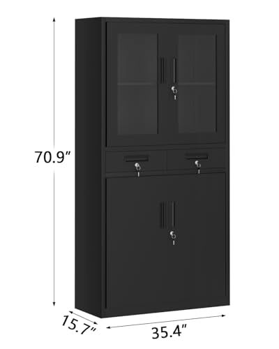71 Inch Black Metal Storage Cabinet with Glass Doors P525