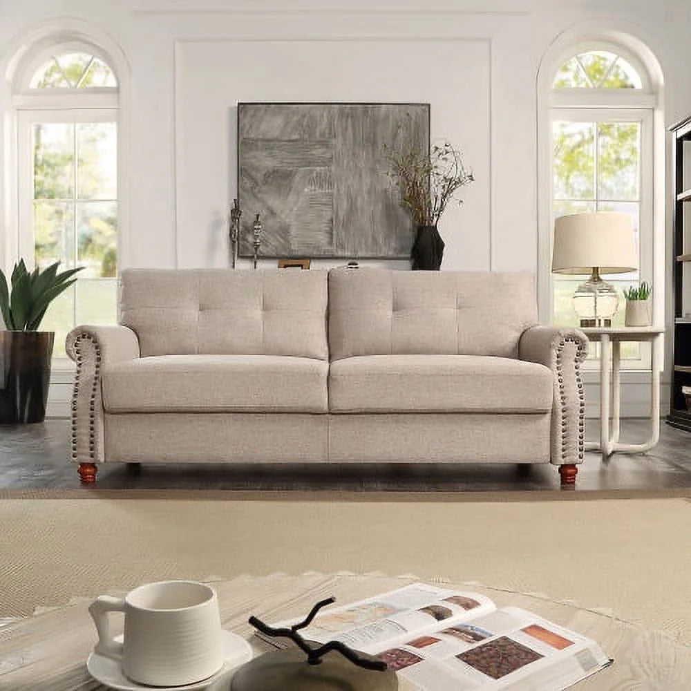 Beige Linen Upholstered Storage Sofa with Tufted Cushions F7246
