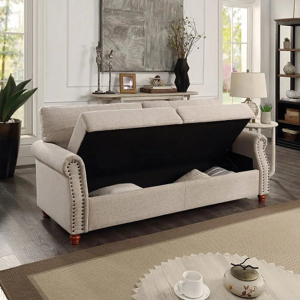 Beige Linen Upholstered Storage Sofa with Tufted Cushions F7246