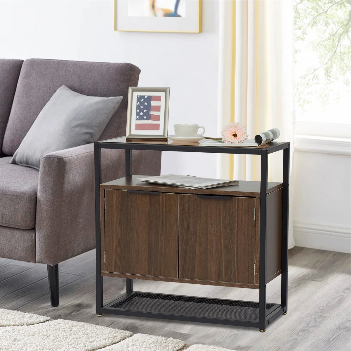 Industrial Floor Storage Cabinet with Glass Table Top F6781