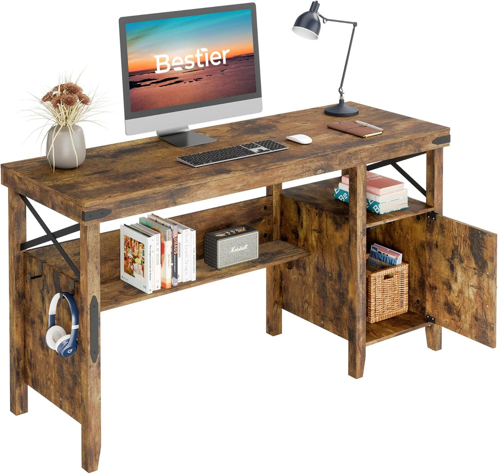 Rustic Brown 55 Inch Computer Desk with Storage Cabinet Z91018