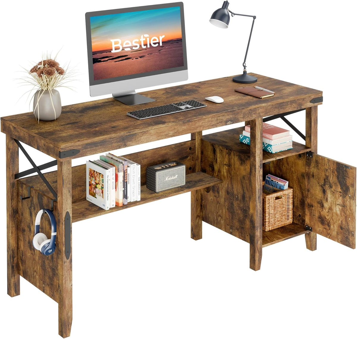 Rustic Brown 55 Inch Computer Desk with Storage Cabinet Z91018