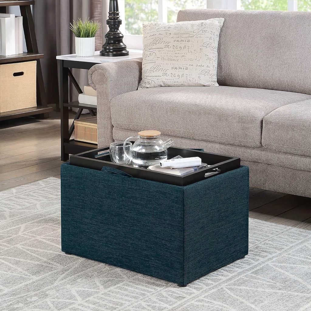 Dark Blue Fabric Storage Ottoman with Tray Q4849
