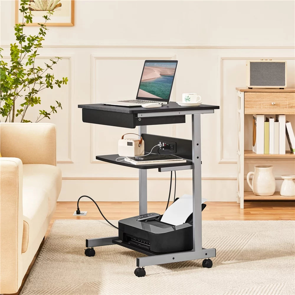 22in Rolling Laptop Computer Desk with Power Outlet, Black Z76677