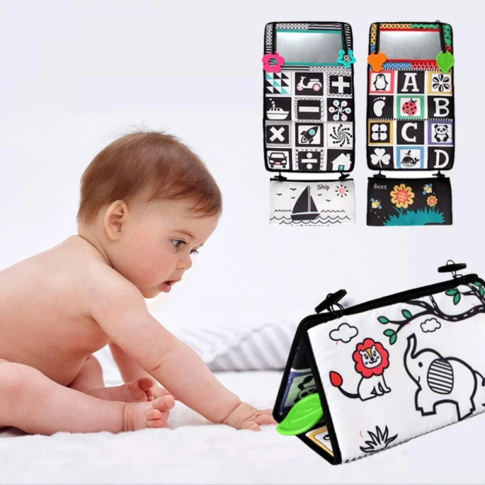 Tummy Time Floor Mirror with Crinkle Cloth Book and Teethers, High Contrast Black and White Baby Toys, Montessori Sensory Crawling Toy X423