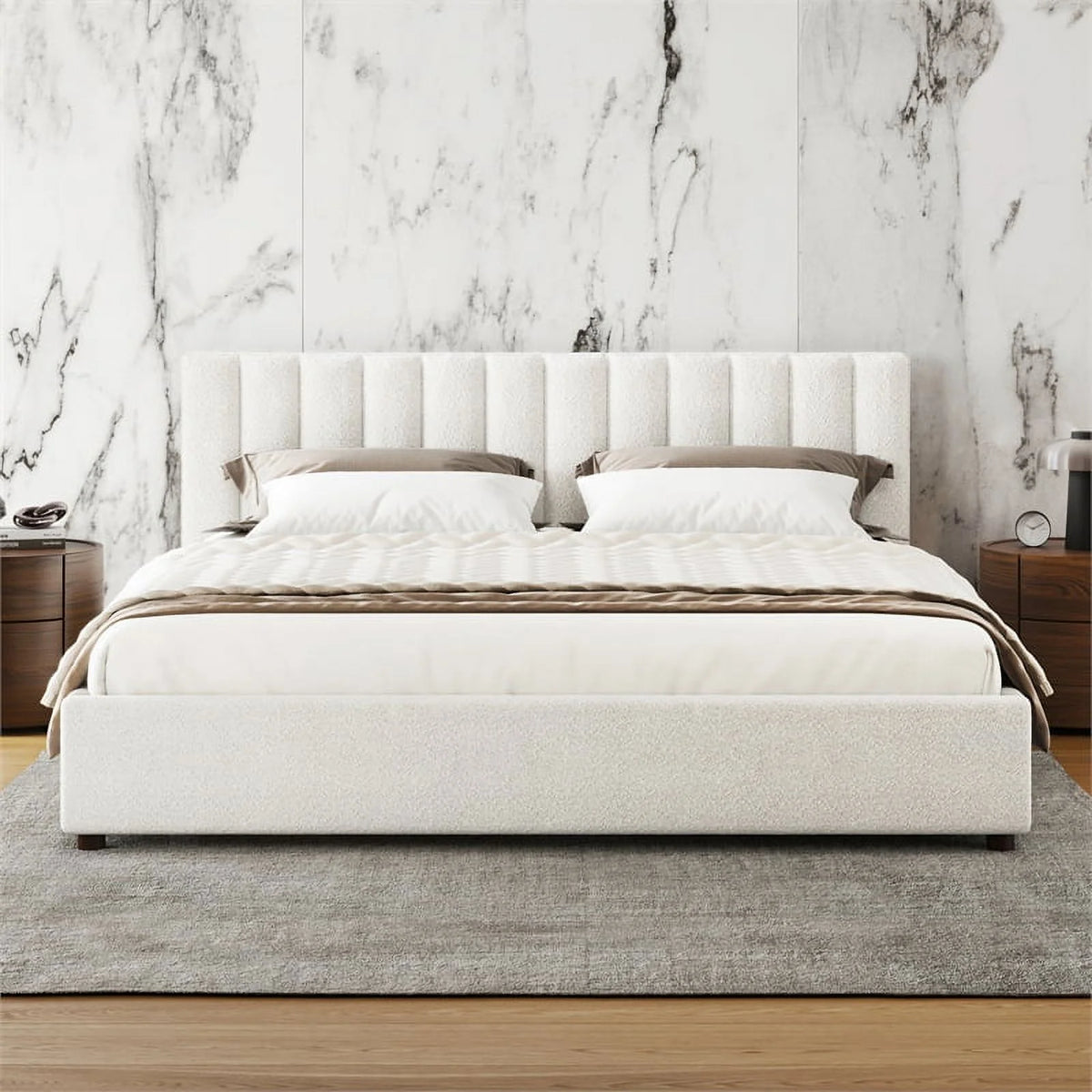 Queen Upholstered Platform Bed White Boucle Fabric J447827