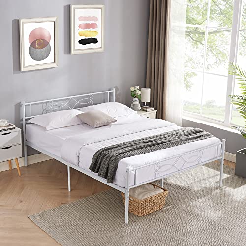 14" Full Size White Metal Platform Bed Frame with Headboard V286