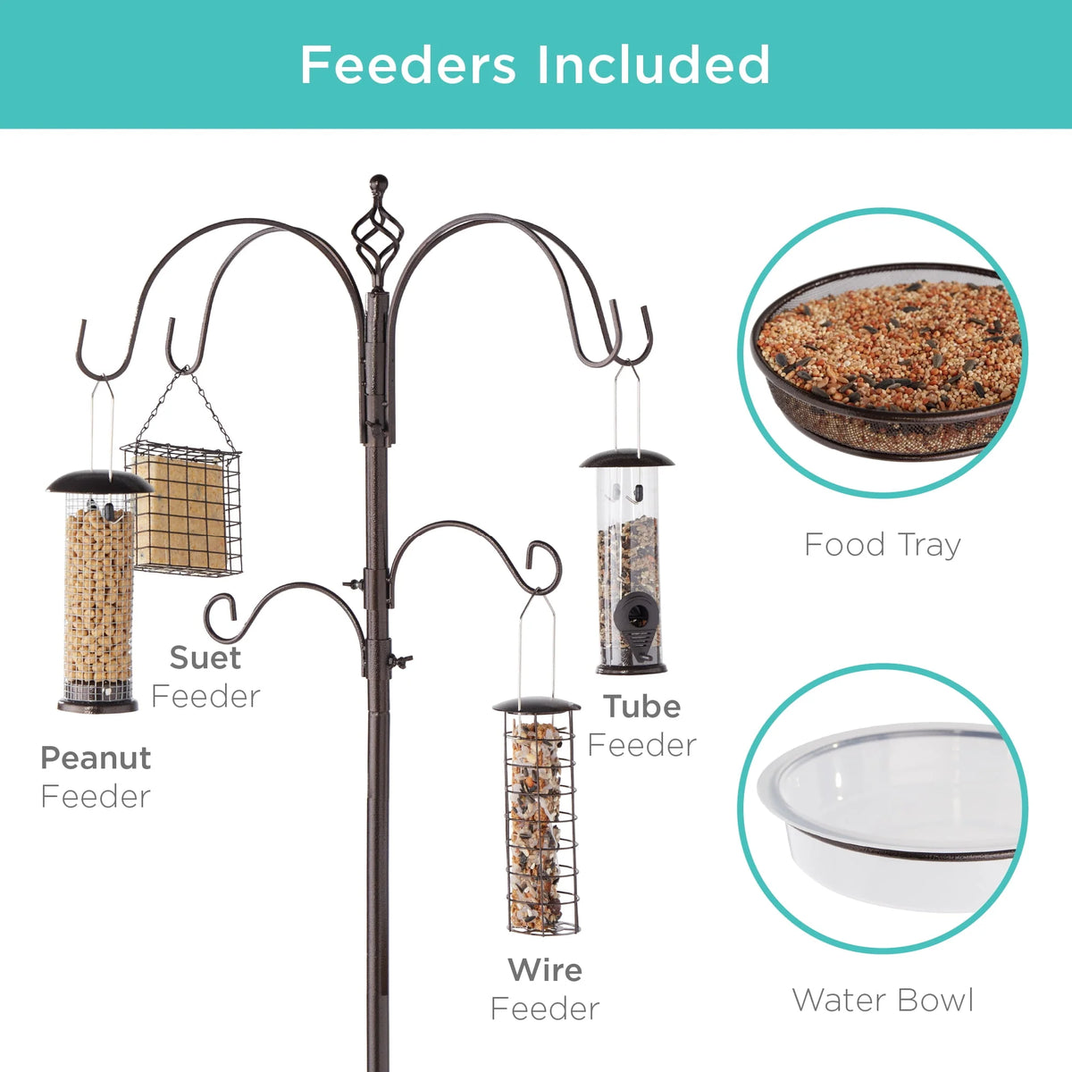 89in 6-Hook Steel Bird Feeding Station with Feeders Tray and Bird Bath C211678