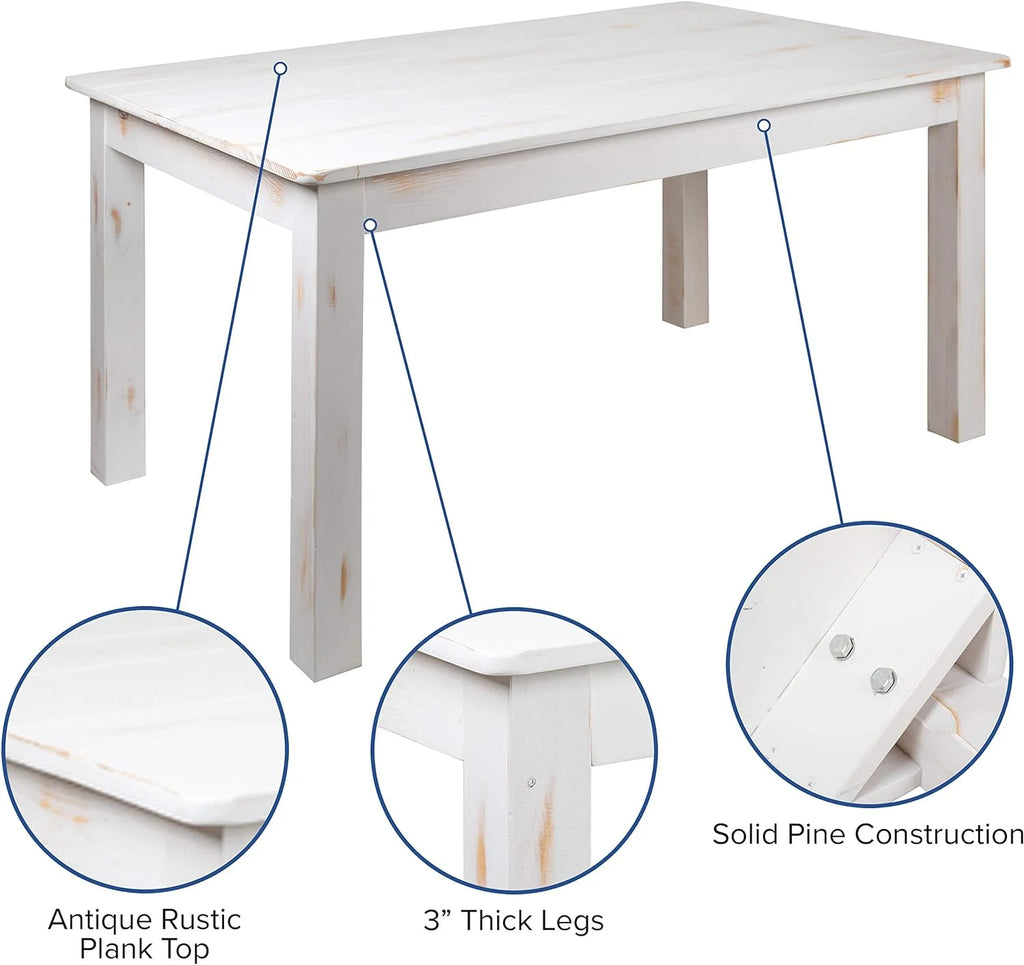 60" X 38" Rectangular Antique Rustic White Solid Pine Dining Table E4141