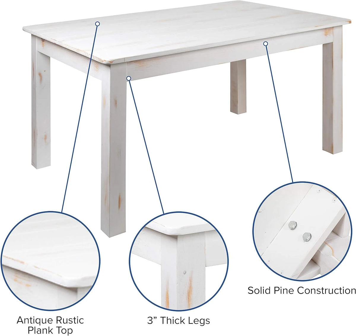 60" X 38" Rectangular Antique Rustic White Solid Pine Dining Table E4141
