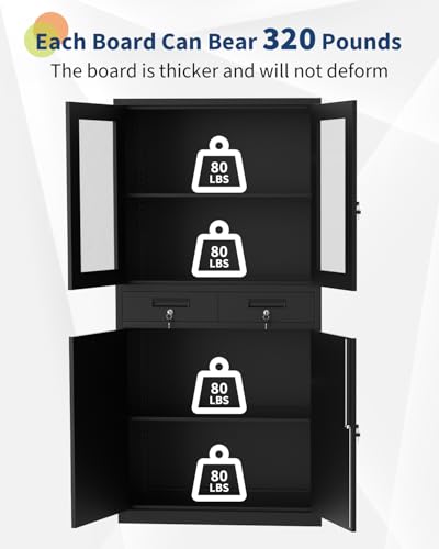 71 Inch Black Metal Storage Cabinet with Glass Doors P525