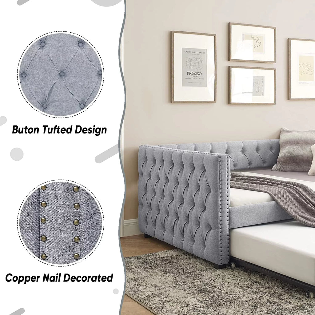 Light Grey Linen Upholstered Twin Size Daybed with Trundle S9181