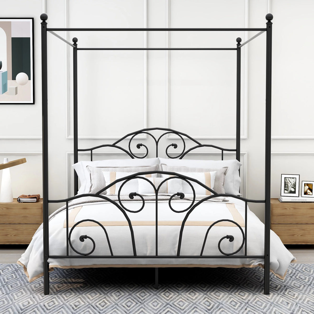Vintage White Full Size Metal Canopy Bed Frame I8627