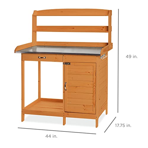Wooden Potting Bench with Metal Table Top and Cabinet H398325