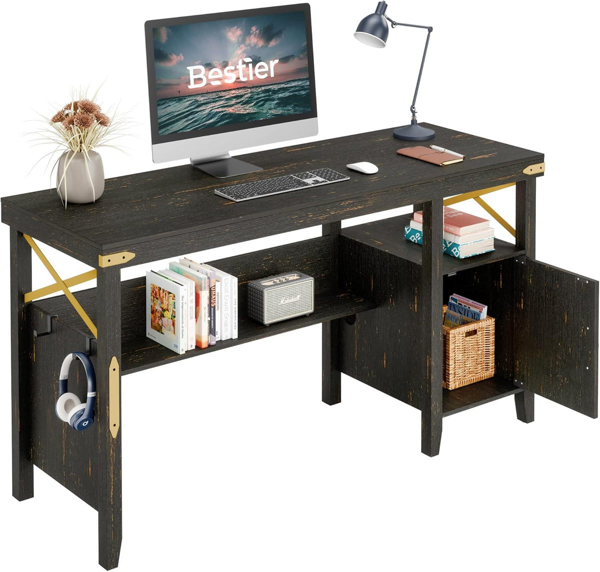 Rustic Brown 55 Inch Computer Desk with Storage Cabinet Z91018