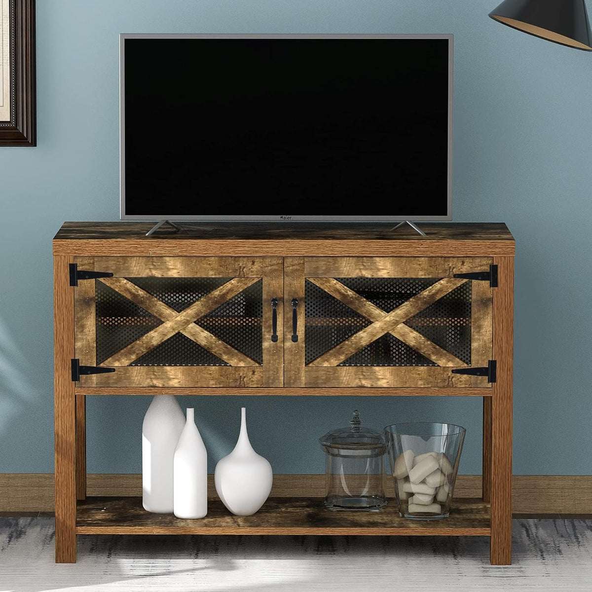 Rustic Console Table with Storage Cabinets and Bottom Shelf E75309