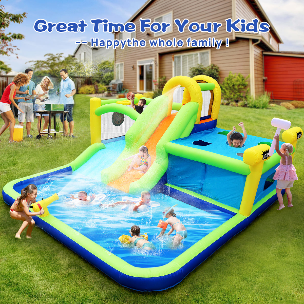 7 in1 Inflatable Water Park Bouncer with Splash Pool M64888