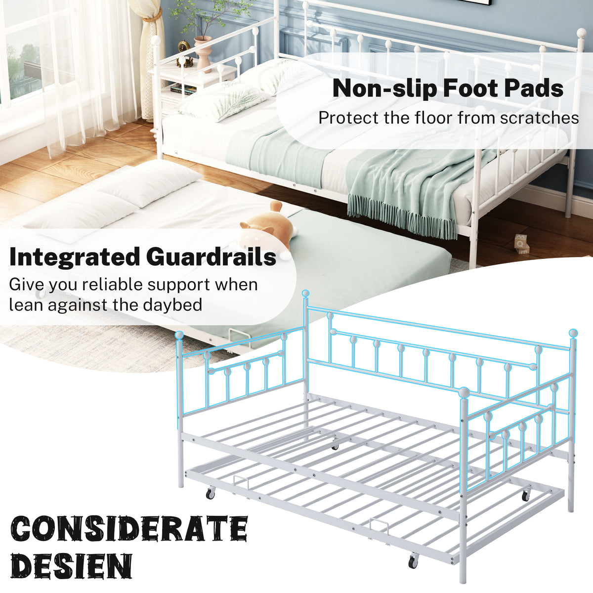 White Twin Size Metal Daybed with Trundle E2836