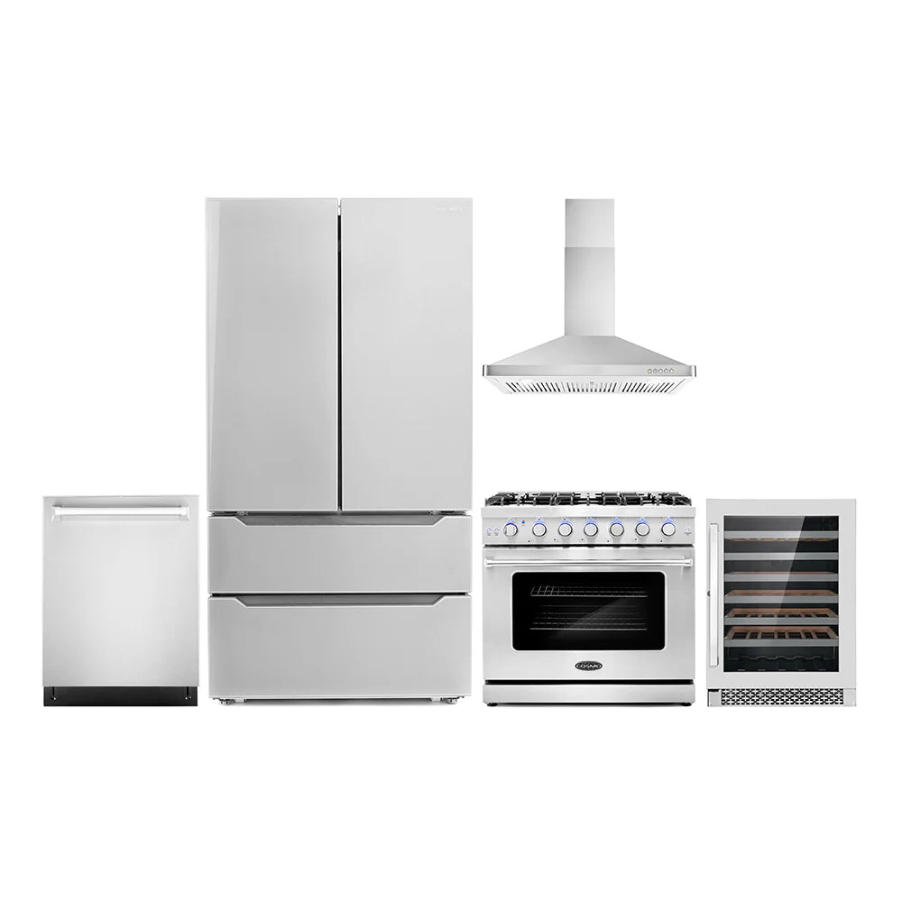 36 Gas Range, Wall Mount Range Hood, Dishwasher, Refrigerator with Ice Maker and Wine Cooler A7214