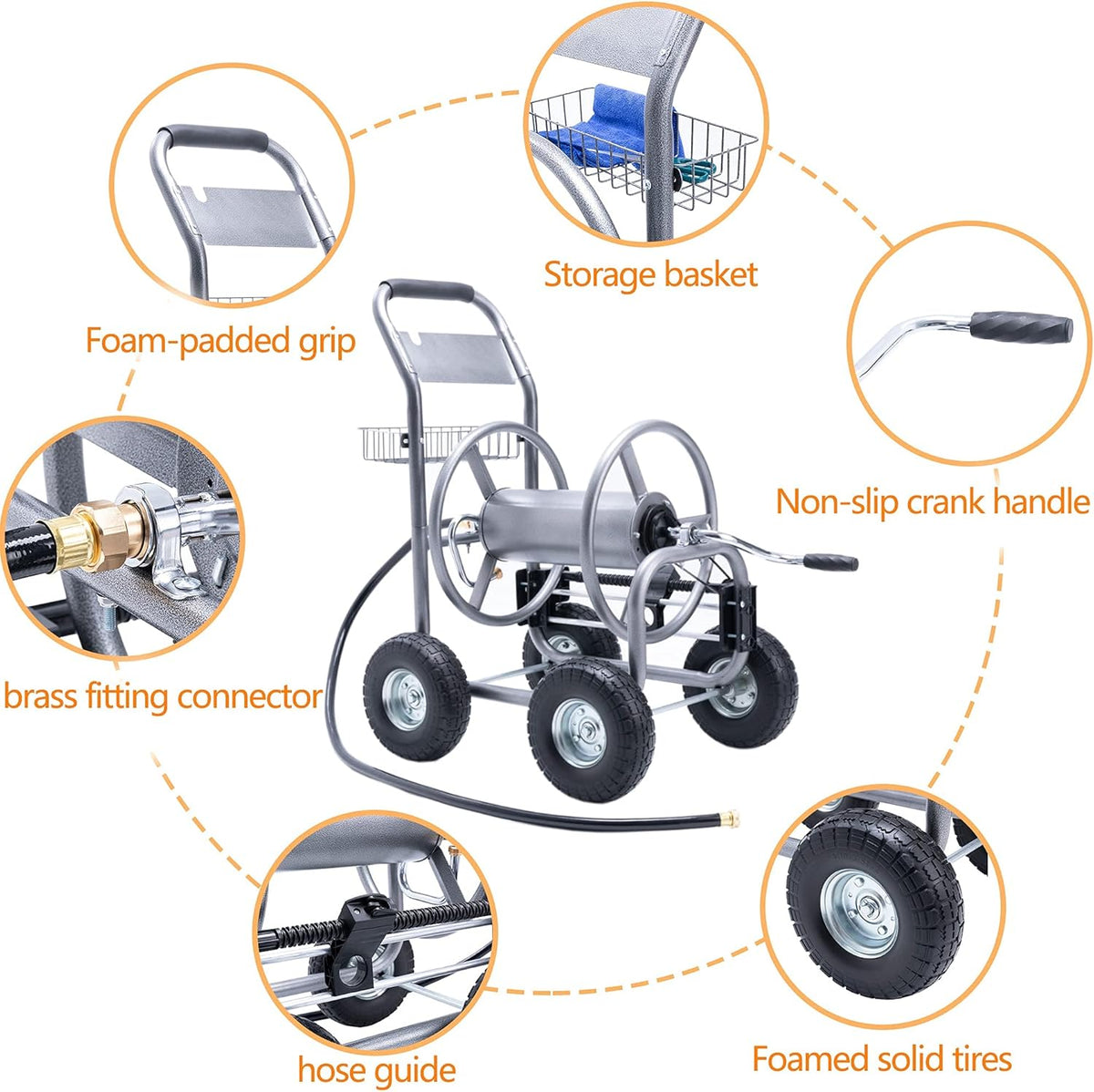 Industrial Hose Reel Cart with 4 Solid Wheels, 250-Feet Capacity G7200
