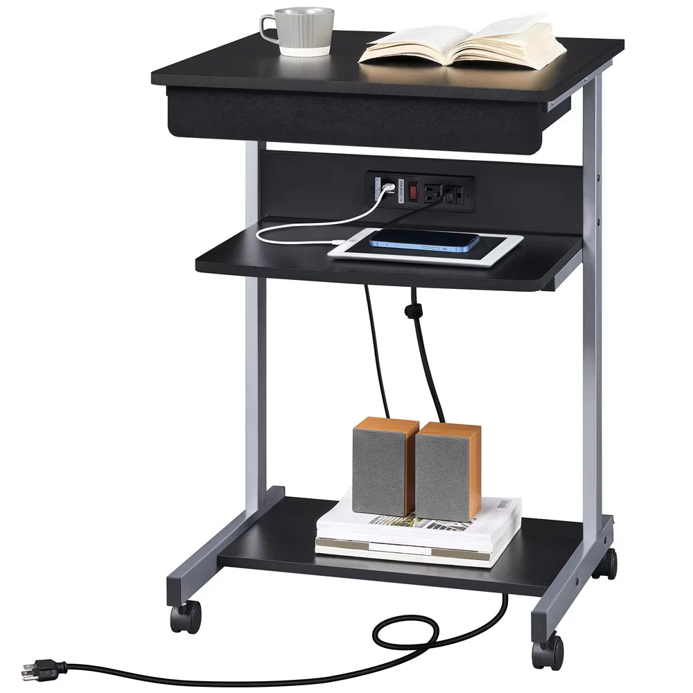 22in Rolling Laptop Computer Desk with Power Outlet, Black Z76677
