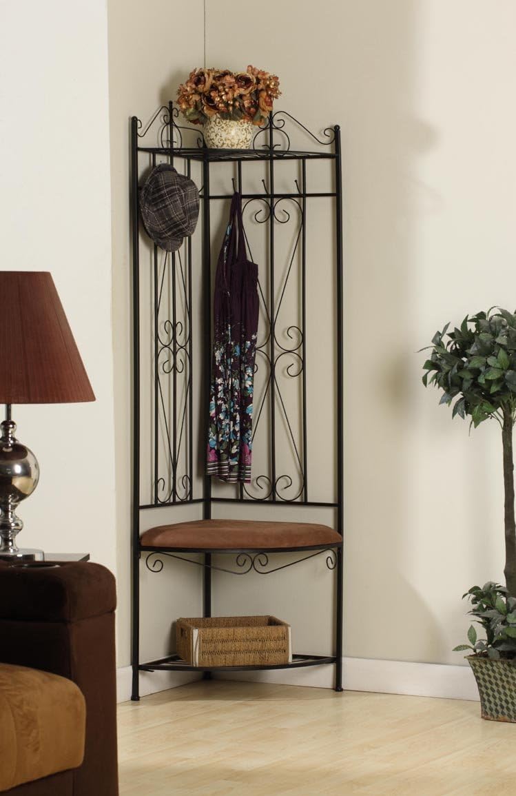 Black/Brown 6 Hook Corner Hall Tree with Bench & Shoe Storage H56781