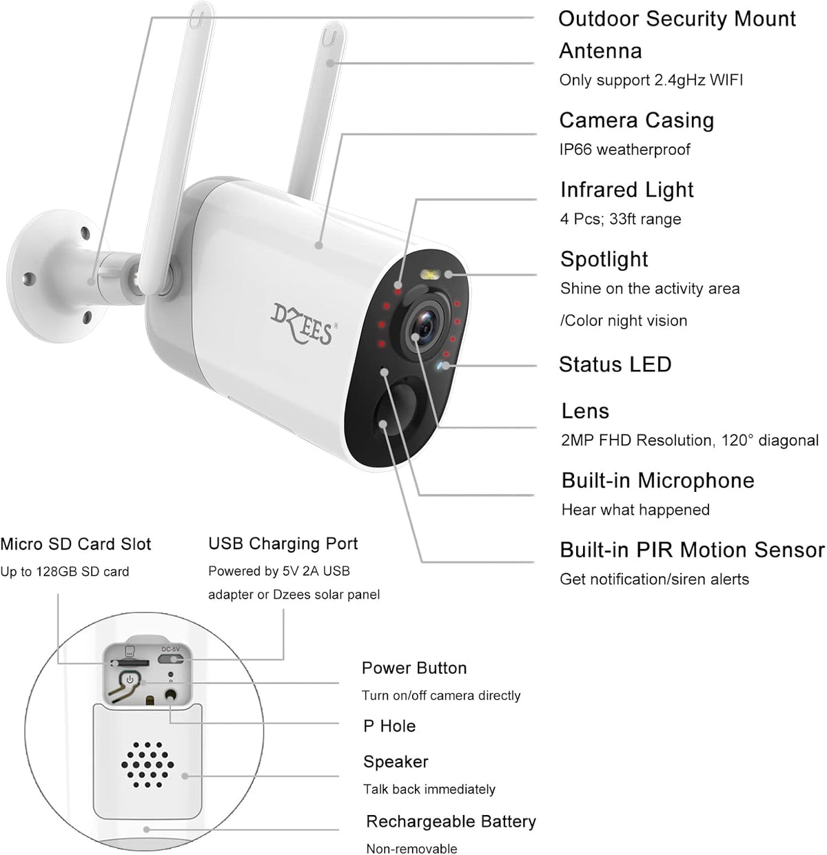 Solar Security Camera Outdoor Wireless with Siren and Spotlight, Battery Powered WiFi, Motion Detection, Color Night Vision, IP66 Waterproof Z798