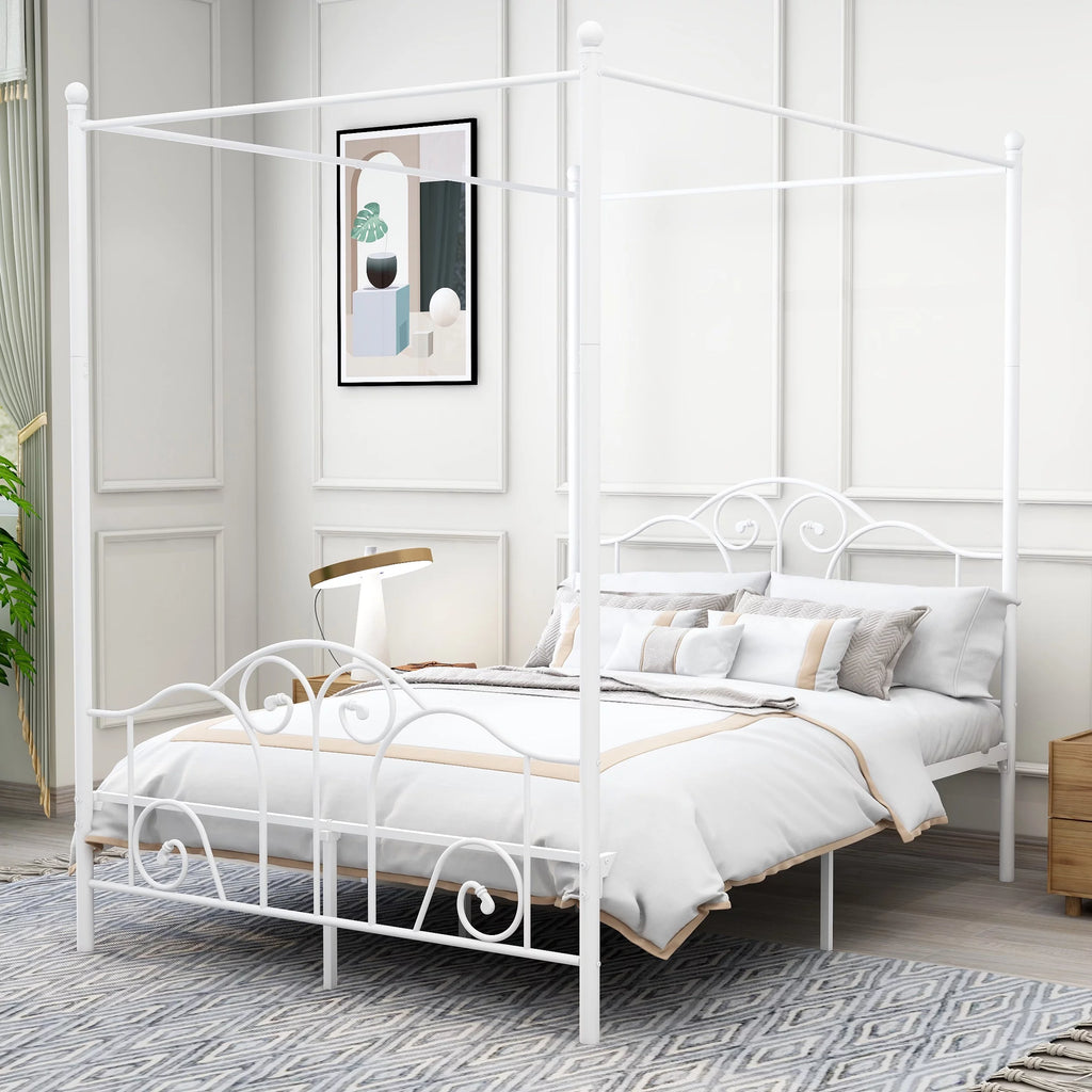 Vintage White Full Size Metal Canopy Bed Frame I8627