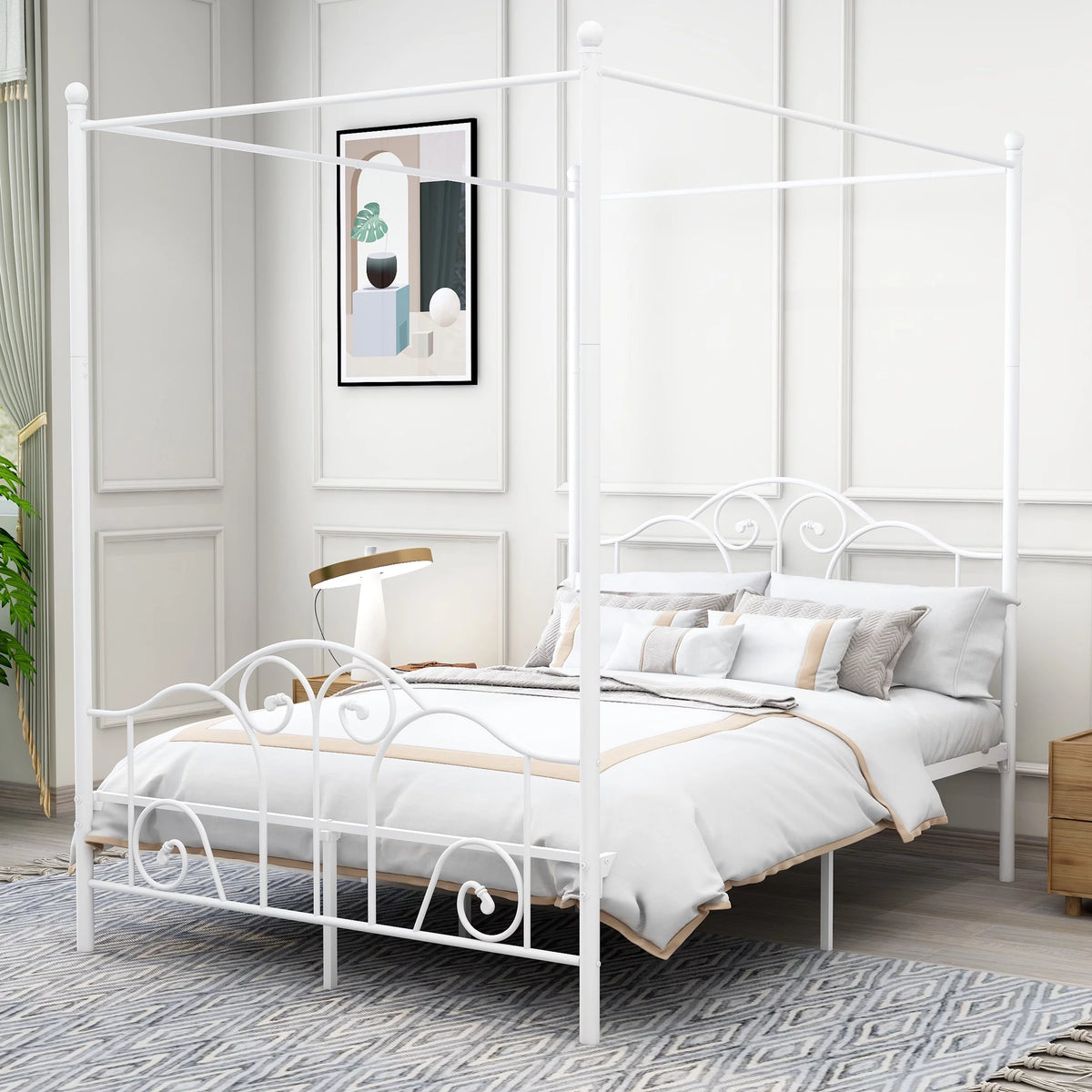 Vintage White Full Size Metal Canopy Bed Frame I8627