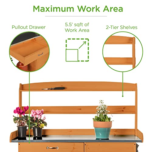 Wooden Potting Bench with Metal Table Top and Cabinet H398325