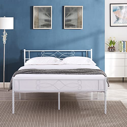 14" Full Size White Metal Platform Bed Frame with Headboard V286