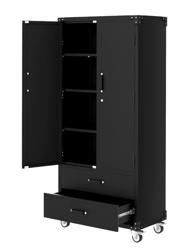 71 Inch Black Metal Storage Cabinet with Glass Doors P525