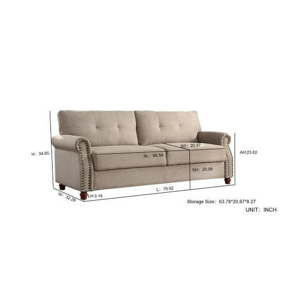 Beige Linen Upholstered Storage Sofa with Tufted Cushions F7246