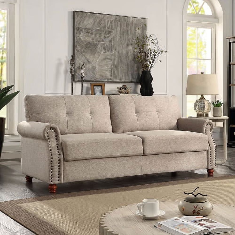 Beige Linen Upholstered Storage Sofa with Tufted Cushions F7246