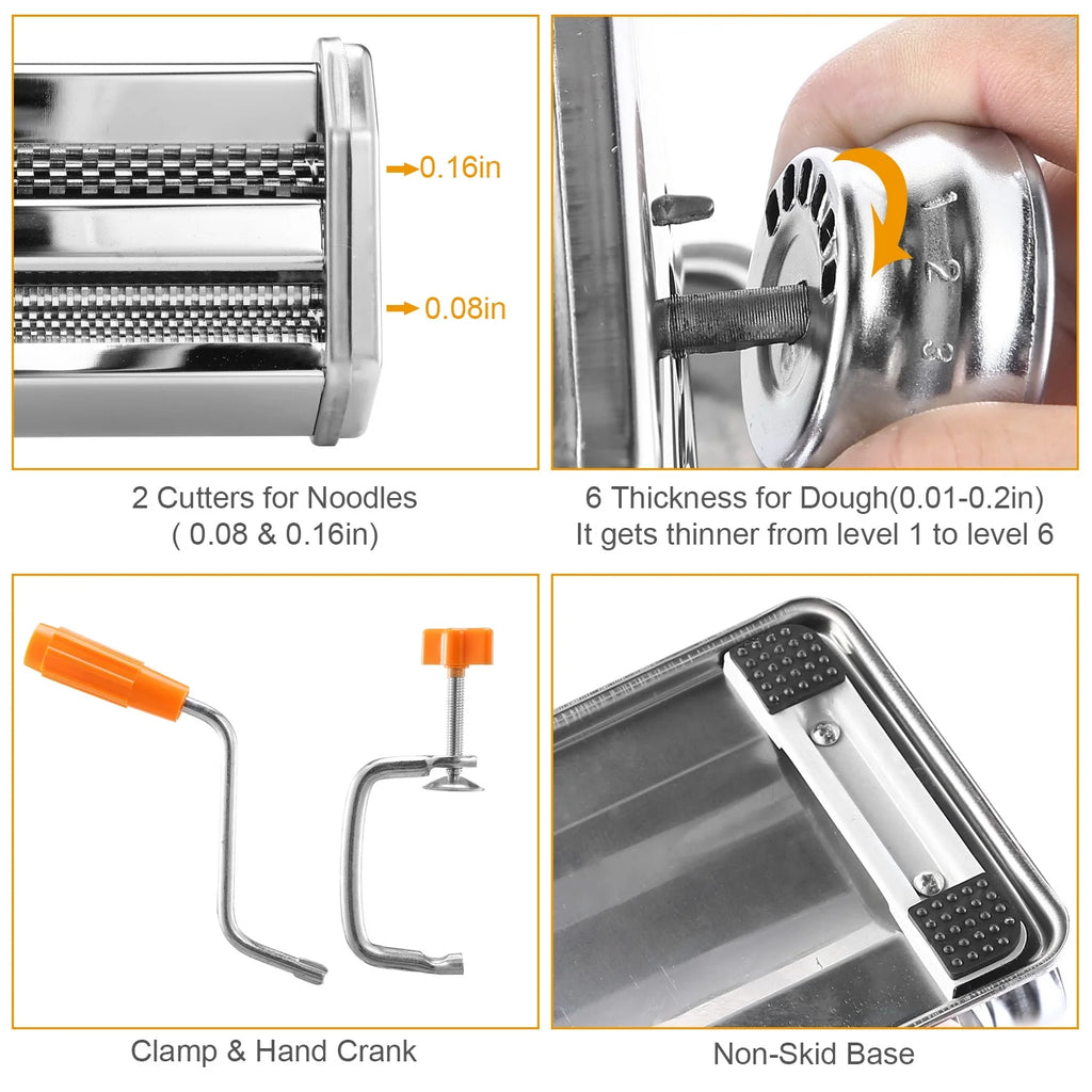 Silver Pasta Maker with 6 Thickness Settings and Rollers Cutter V503571