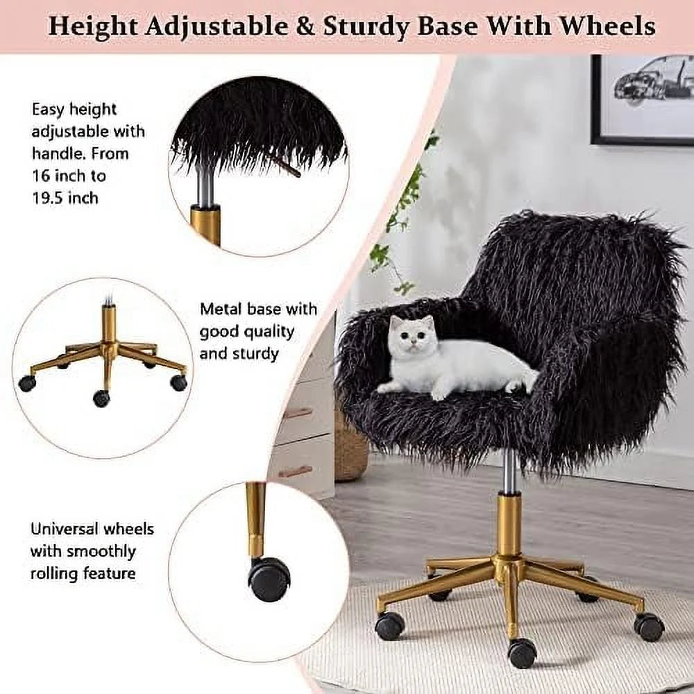 Fluffy Faux Fur Swivel Desk Chair with Wheels R7501